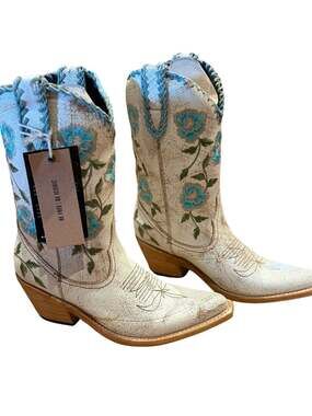 LIBERTY Black White Cowboy Boots with Turquoise Floral Embroidery Womens 9.5